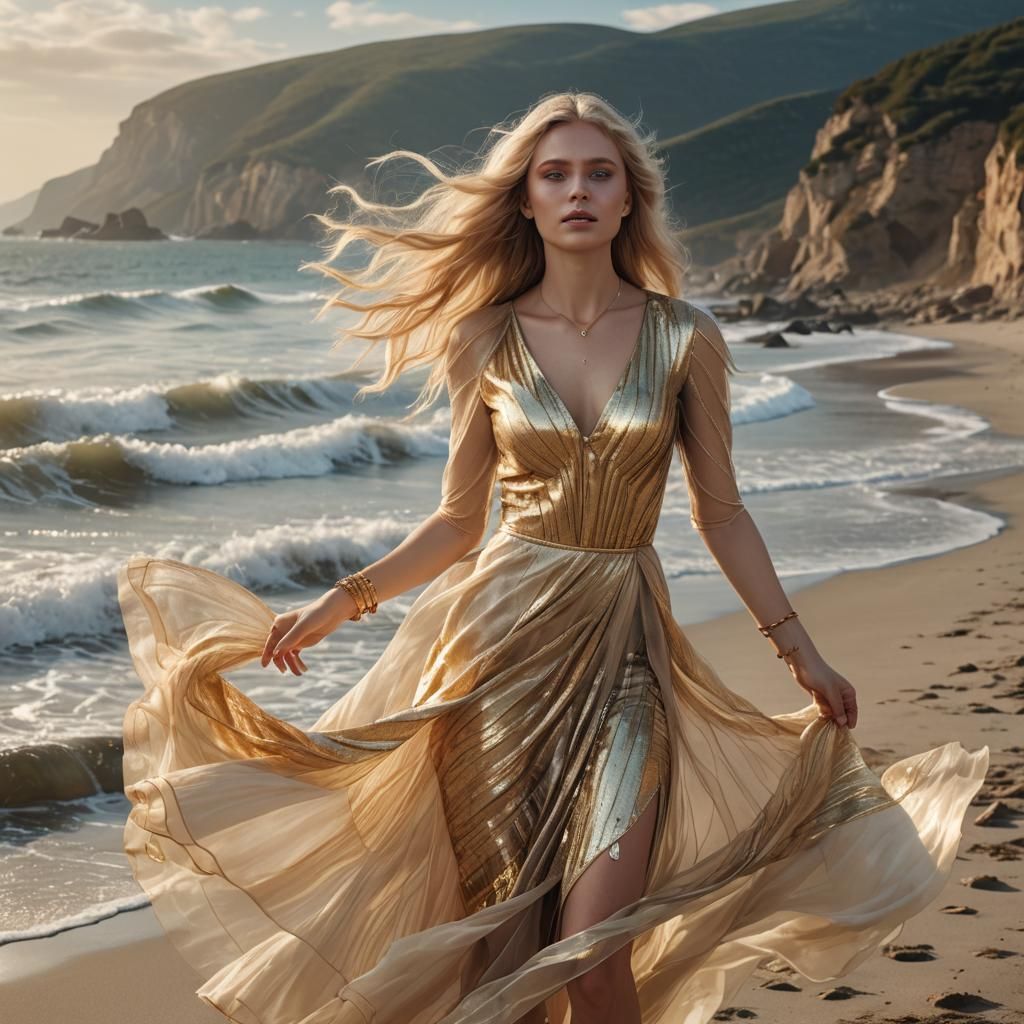 Stunning Blonde with Blue Eyes on Windy Shore