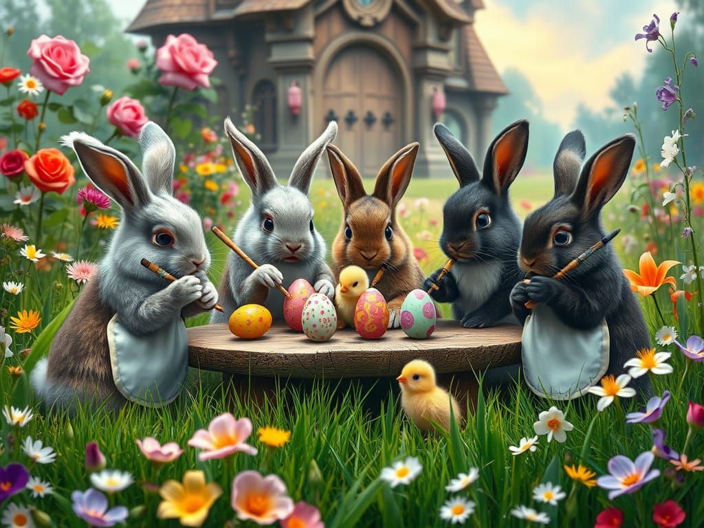 Bunnies Painting Easter Eggs in Renaissance Style