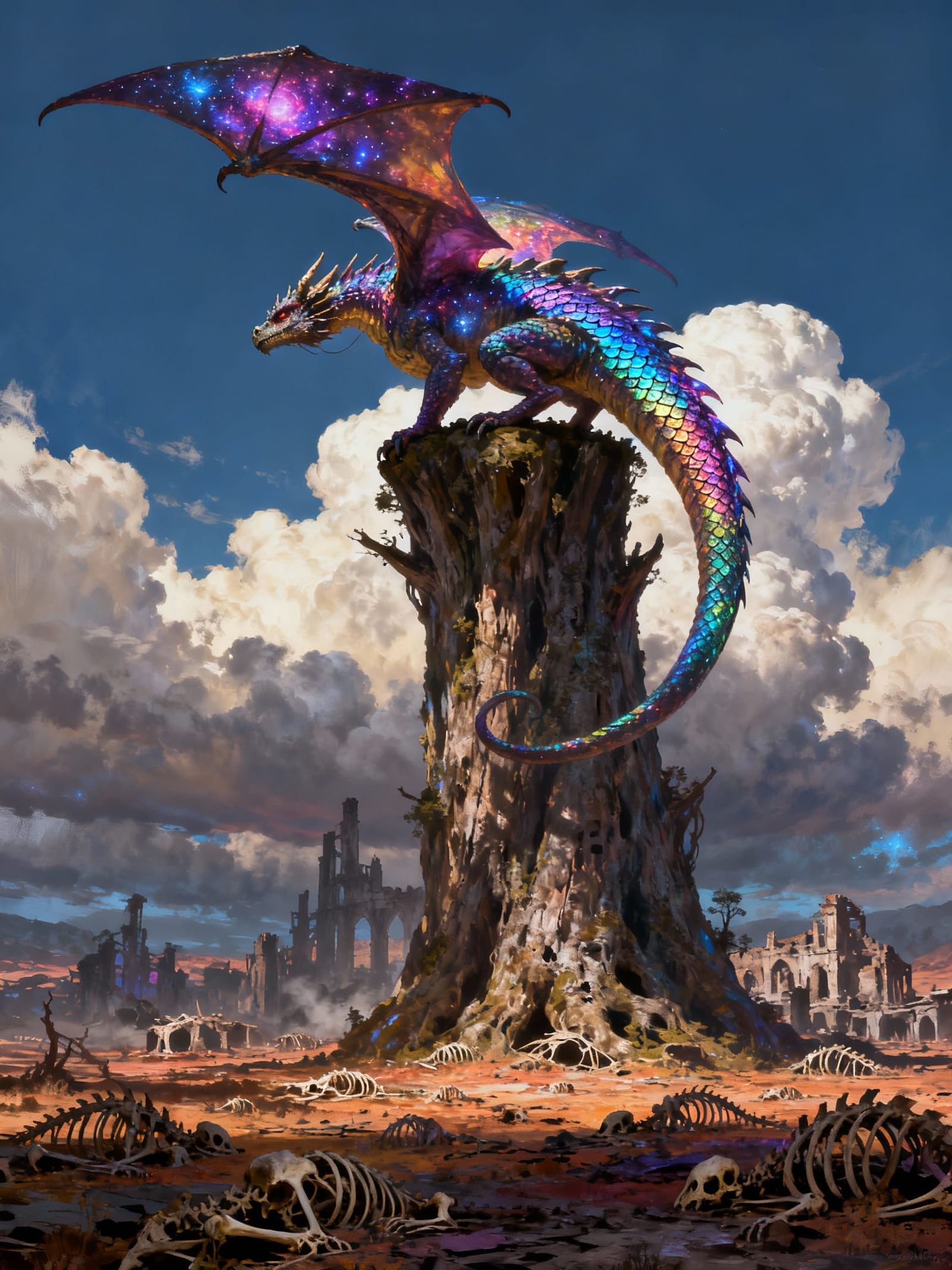 Cosmic Dragon Over Post-Apocalyptic World
