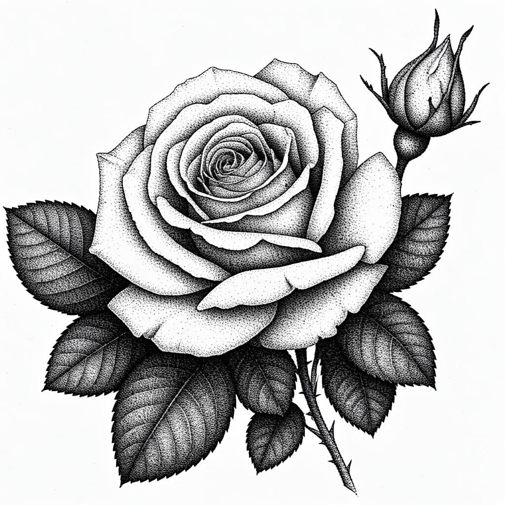 Rose in Pointillism Style with Ink Dots