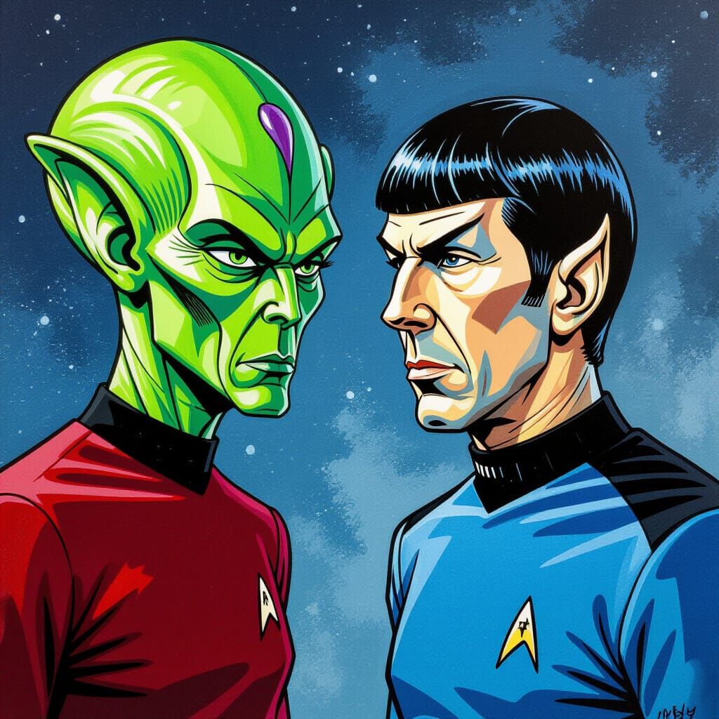 Mr. Spock Meets an Evil Alien: Gouache Painting