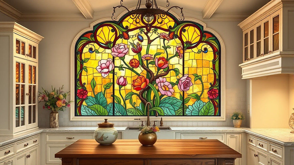 Botanical Stained Glass Window in Rustic Kitchen
