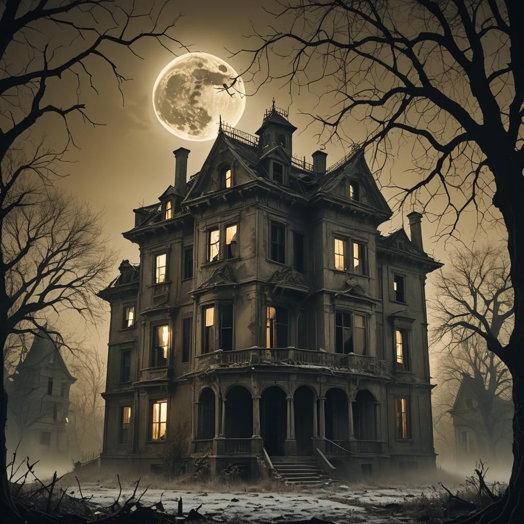 Eerie Abandoned Mansion in Cinematic Film Still
