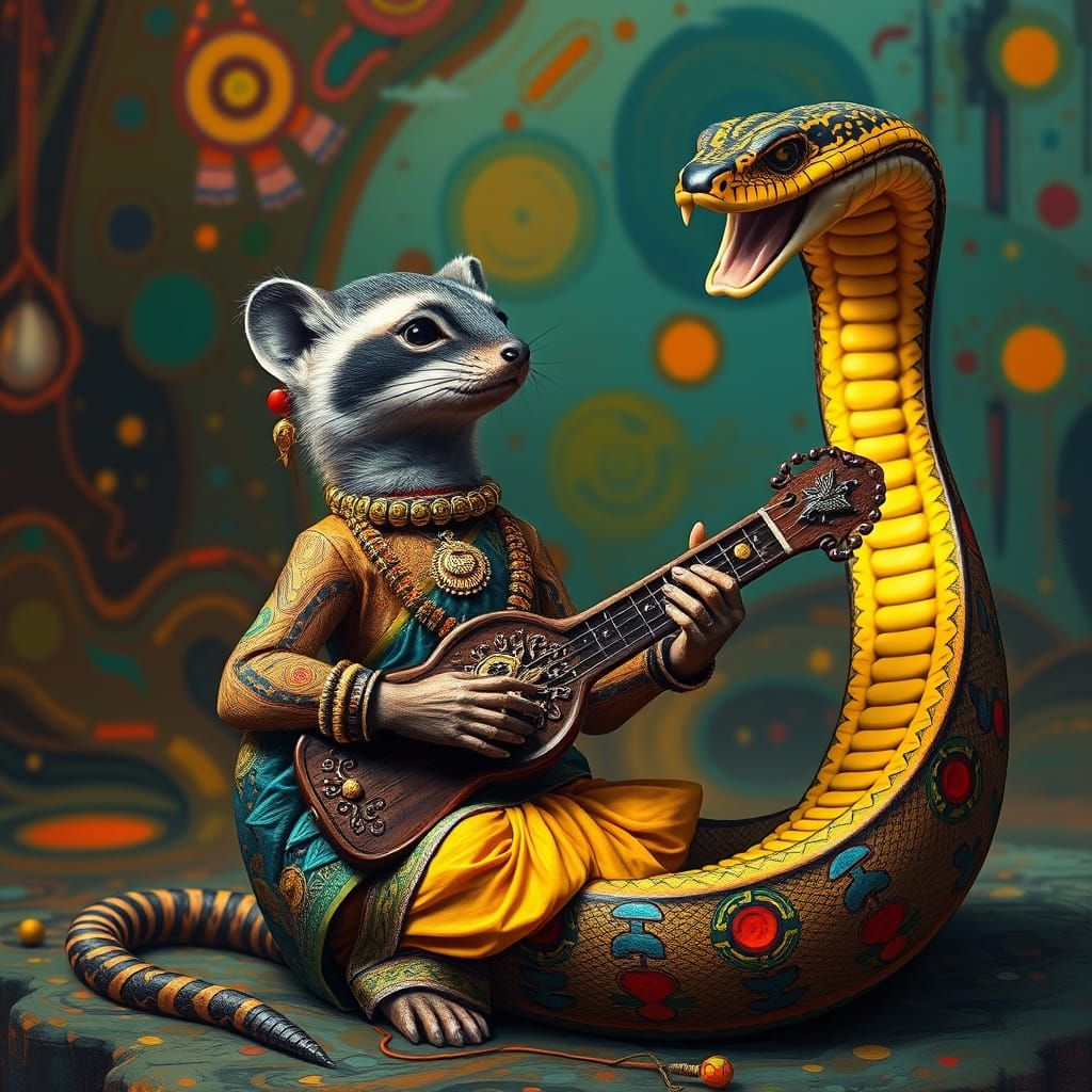 Mongoose Charms Cobra in Surreal Splash Art