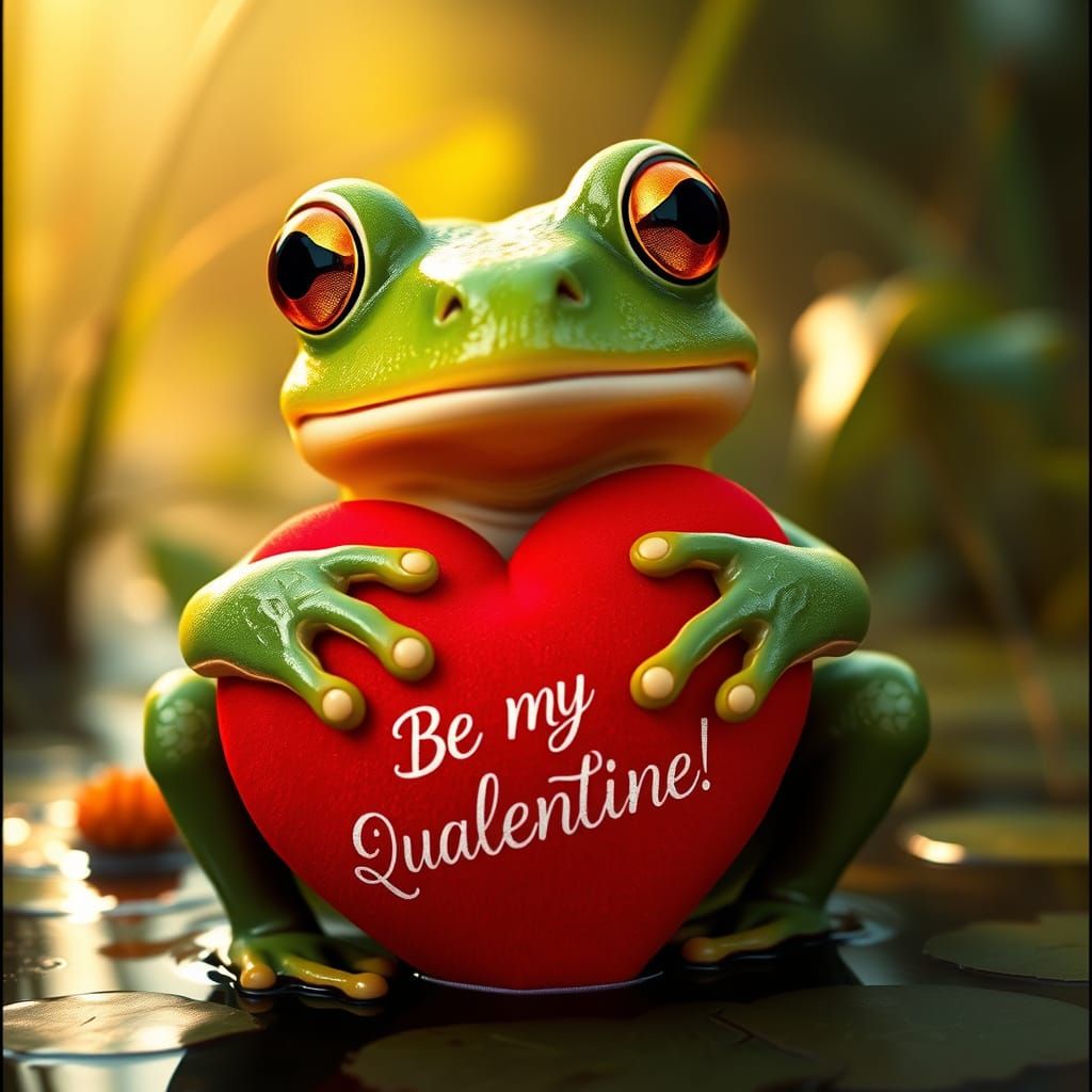 Charming Frog Holds Heart-Shaped Pillow in a Lush, Sun-Drenc...