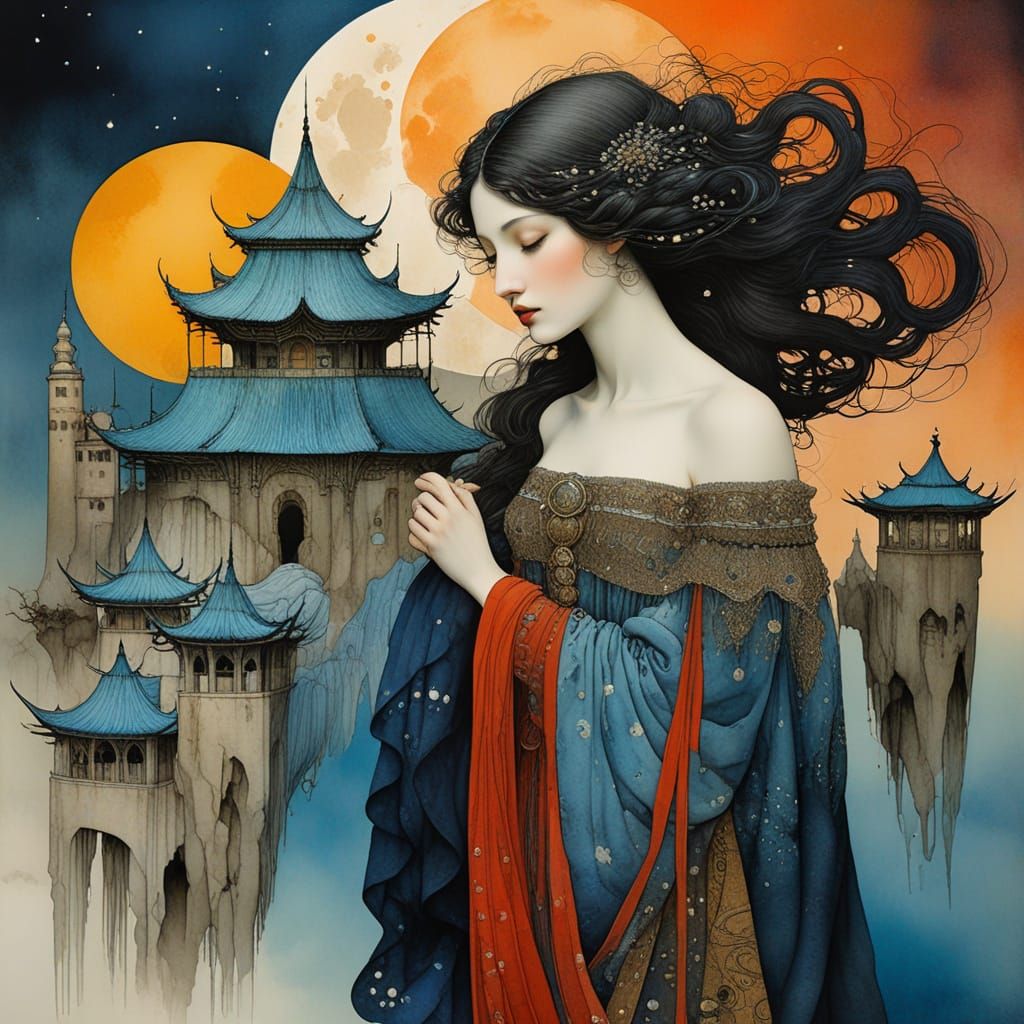 Delicate Watercolour Princess of the Moon in Surreal Style