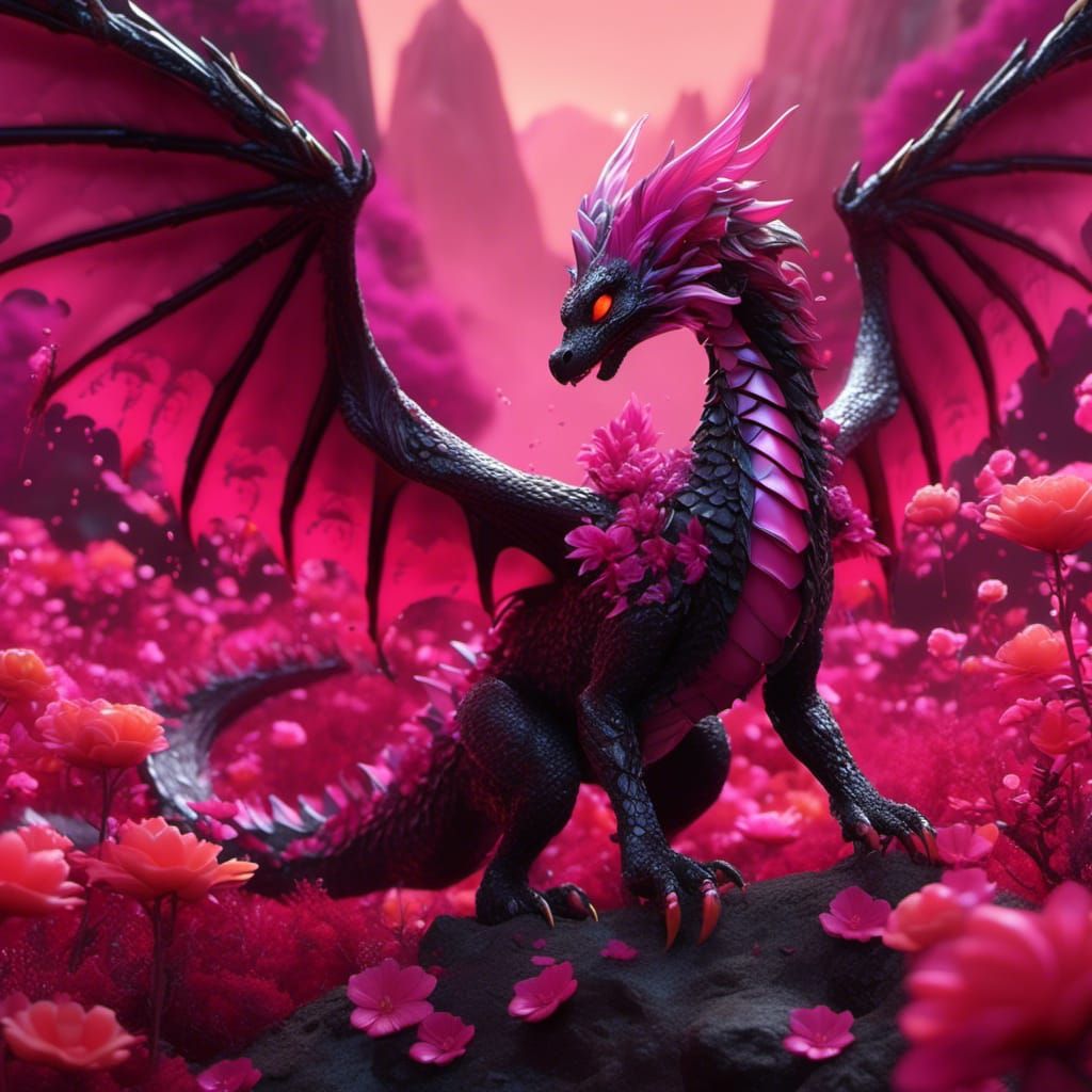 Hyperrealistic Pink Dragon Sleeping in Flower Field