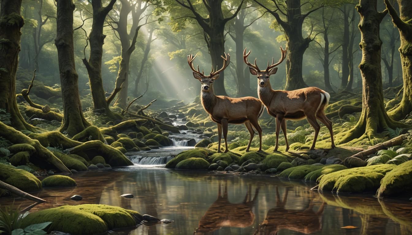 Hyperrealistic Deer in Ancient Forest by Stream