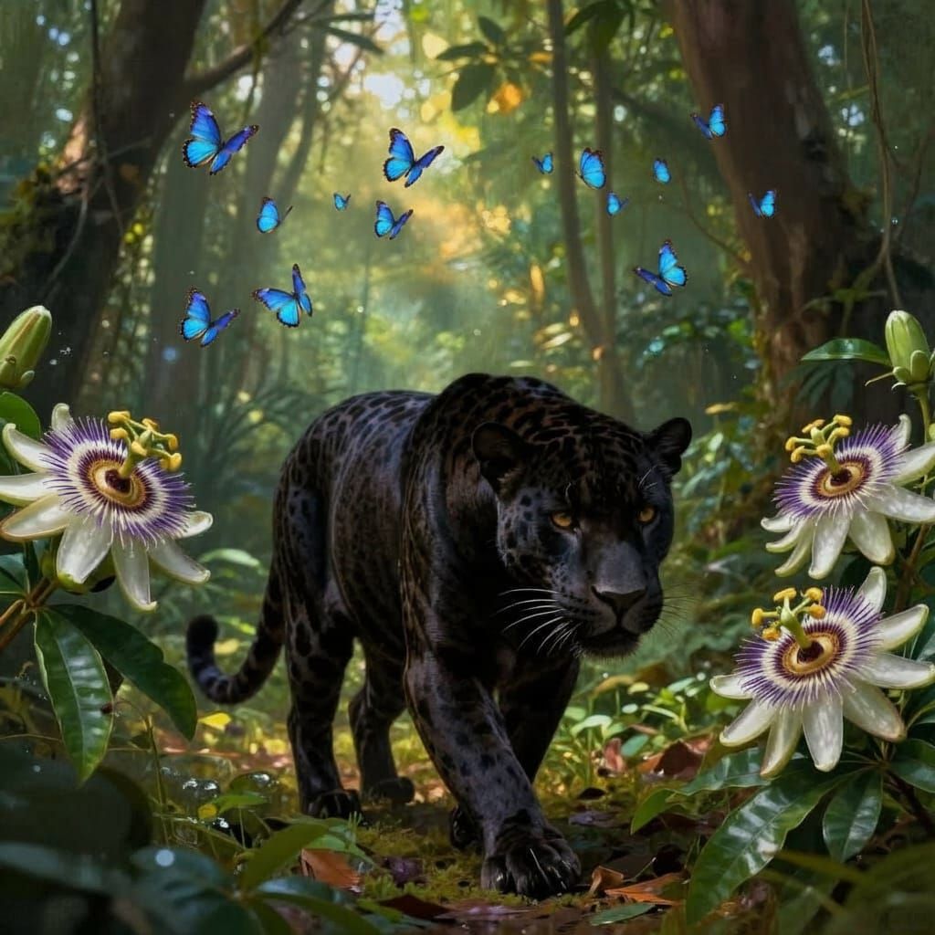 Black Jaguar With Blue Morpho Butterfly in Rainforest