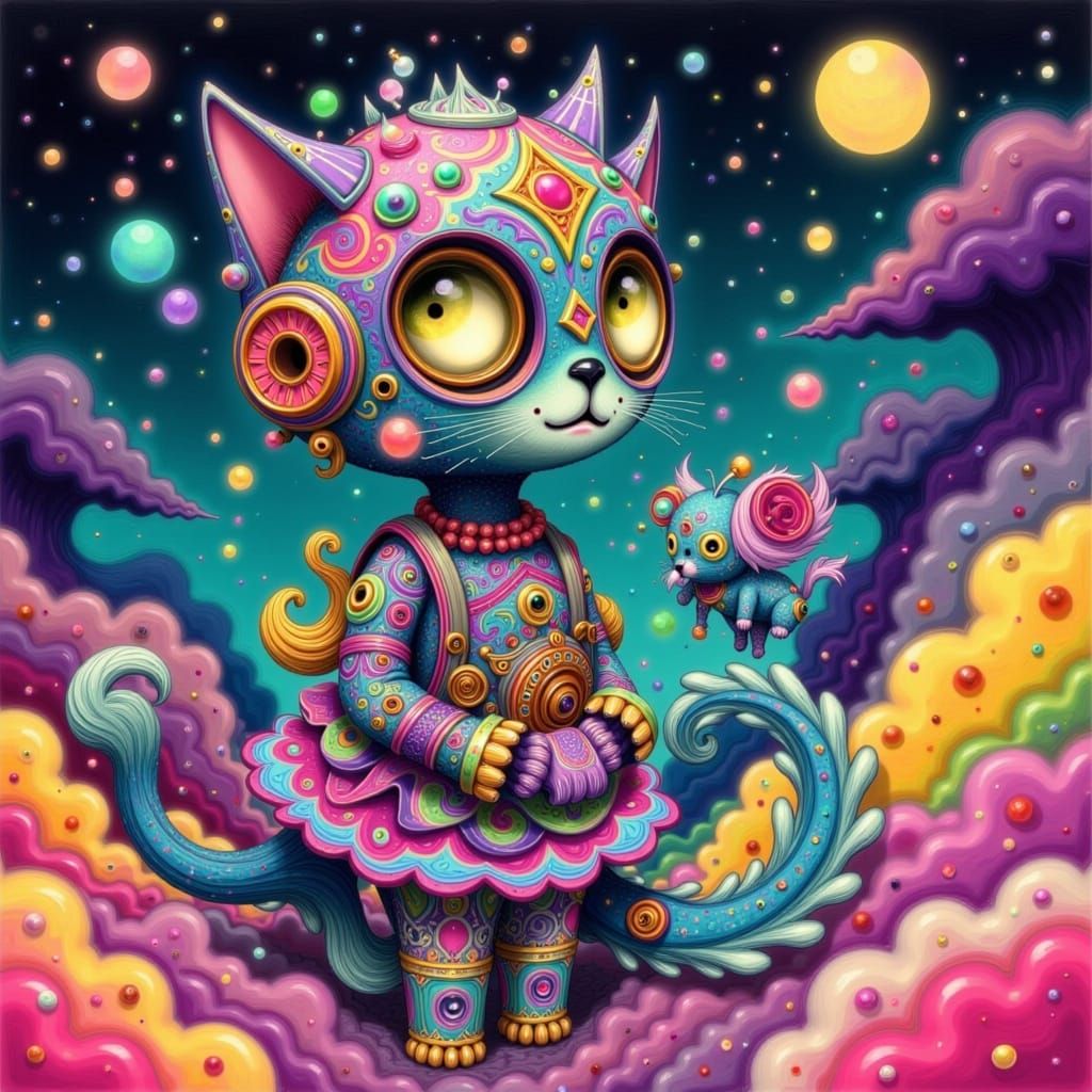 Cosmic Robot and Kitty in Celestialpunk Style