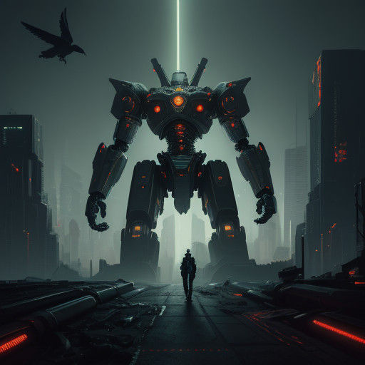 Robot Battles Cityscape in Cyberpunk Art