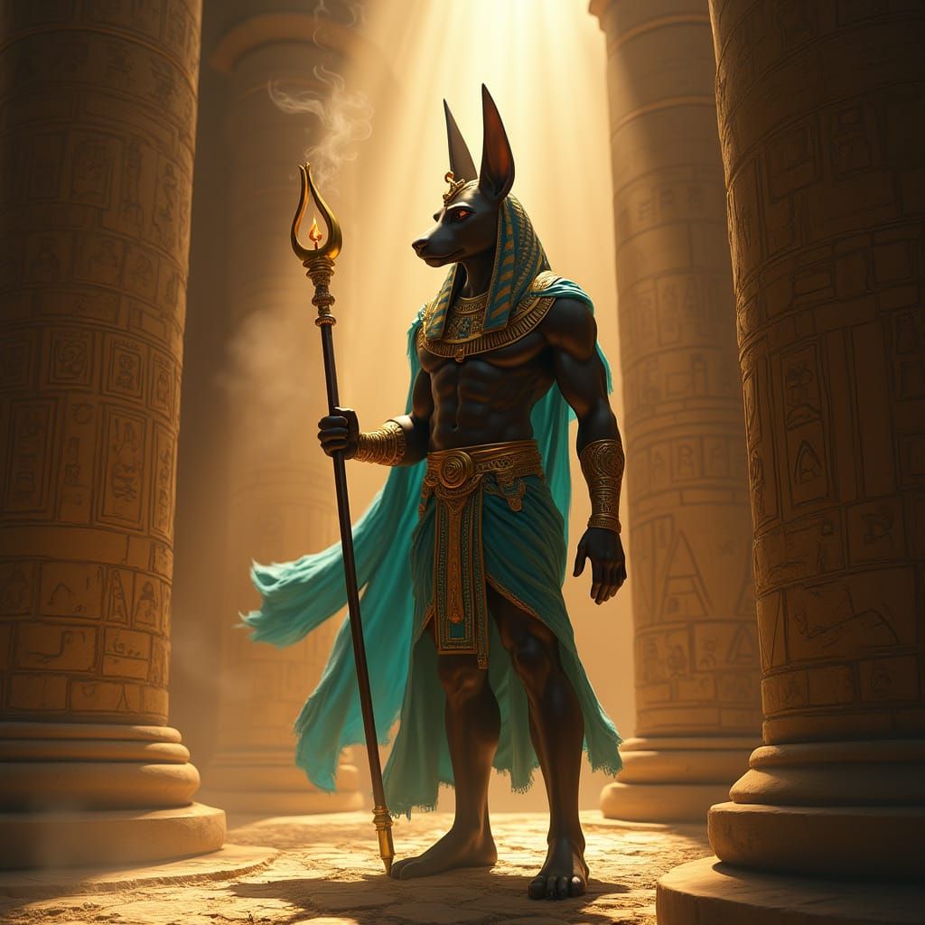 Ancient Egyptian God Anubis in Regal Temple Setting