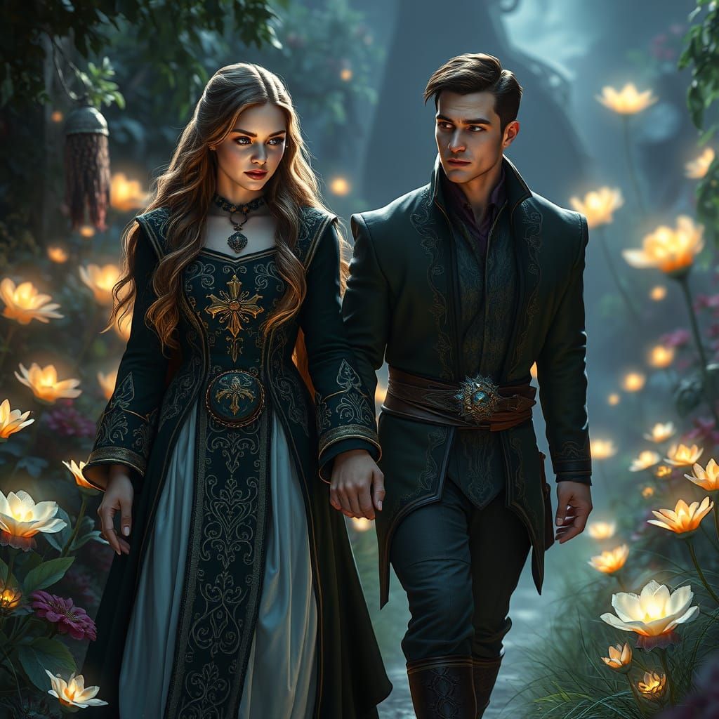 Ethereal Goddess and Chiseled Knight in Lush Garden