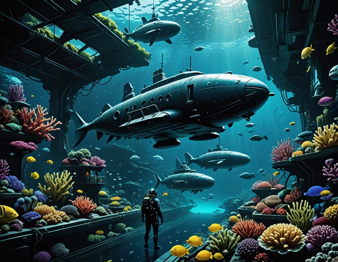 Underwater Cityscape: Sci-Fi Divers in Comic Art Style
