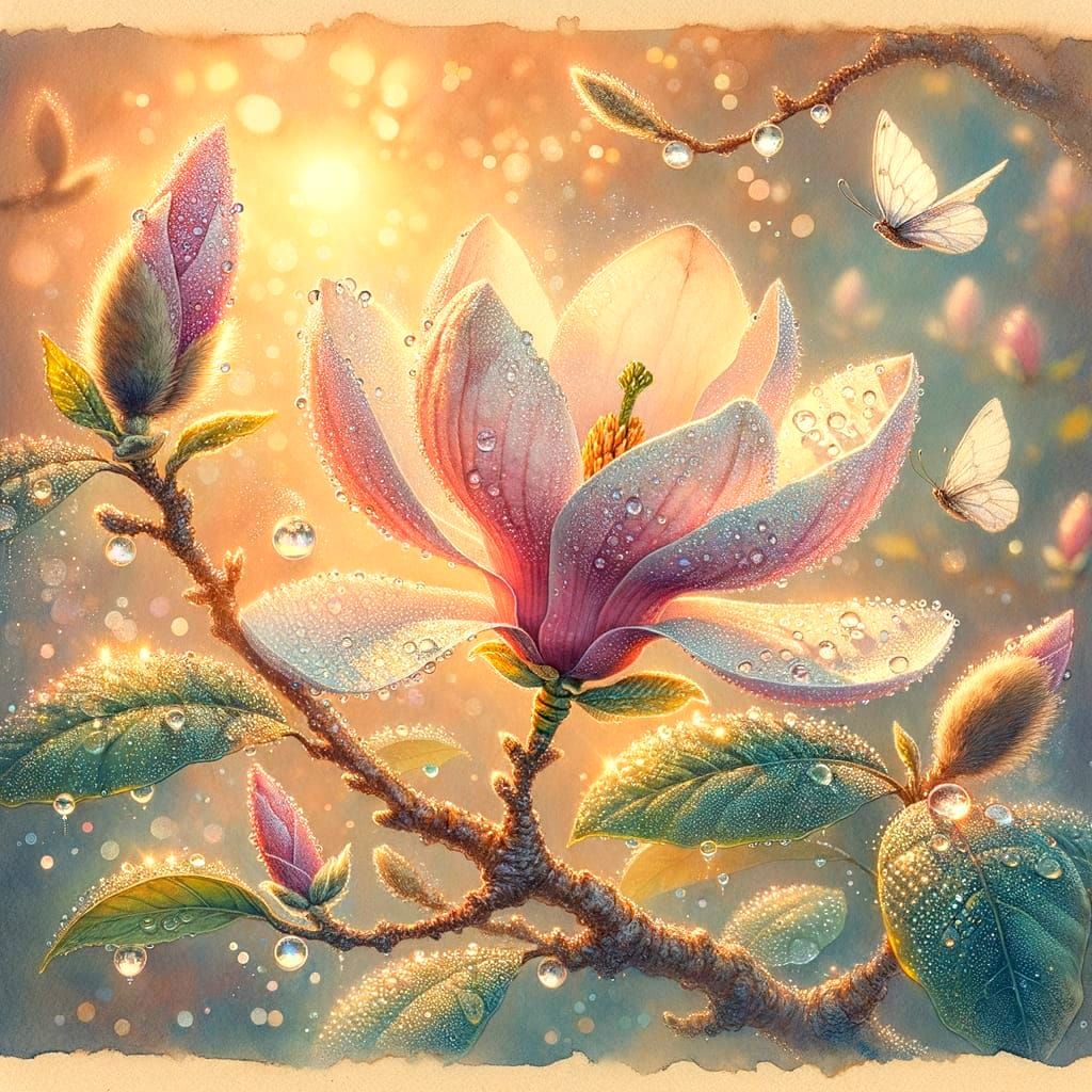 Magnolia Flower in Morning Dew, Realistic Watercolor