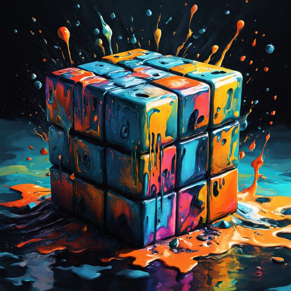 Vibrant Oceanic Graffiti in a Melting Rubik's Cube
