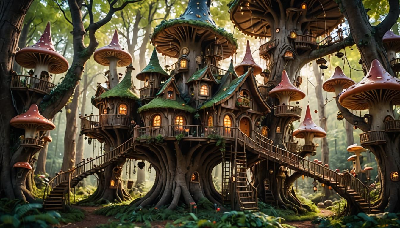 Enchanted Treehouse in Mushroom Forest, Professional Photogr...