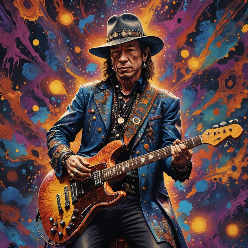 Psychedelic Pointillist Portrait of a Blues Guitarist