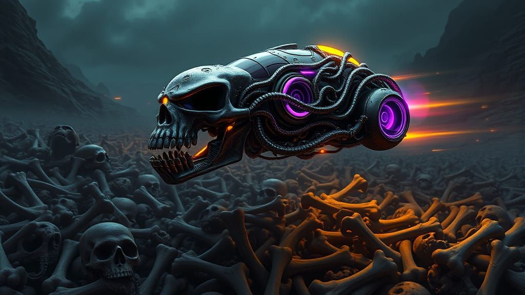 Cyberpunk Skull Car Soars Over Ancient Bones