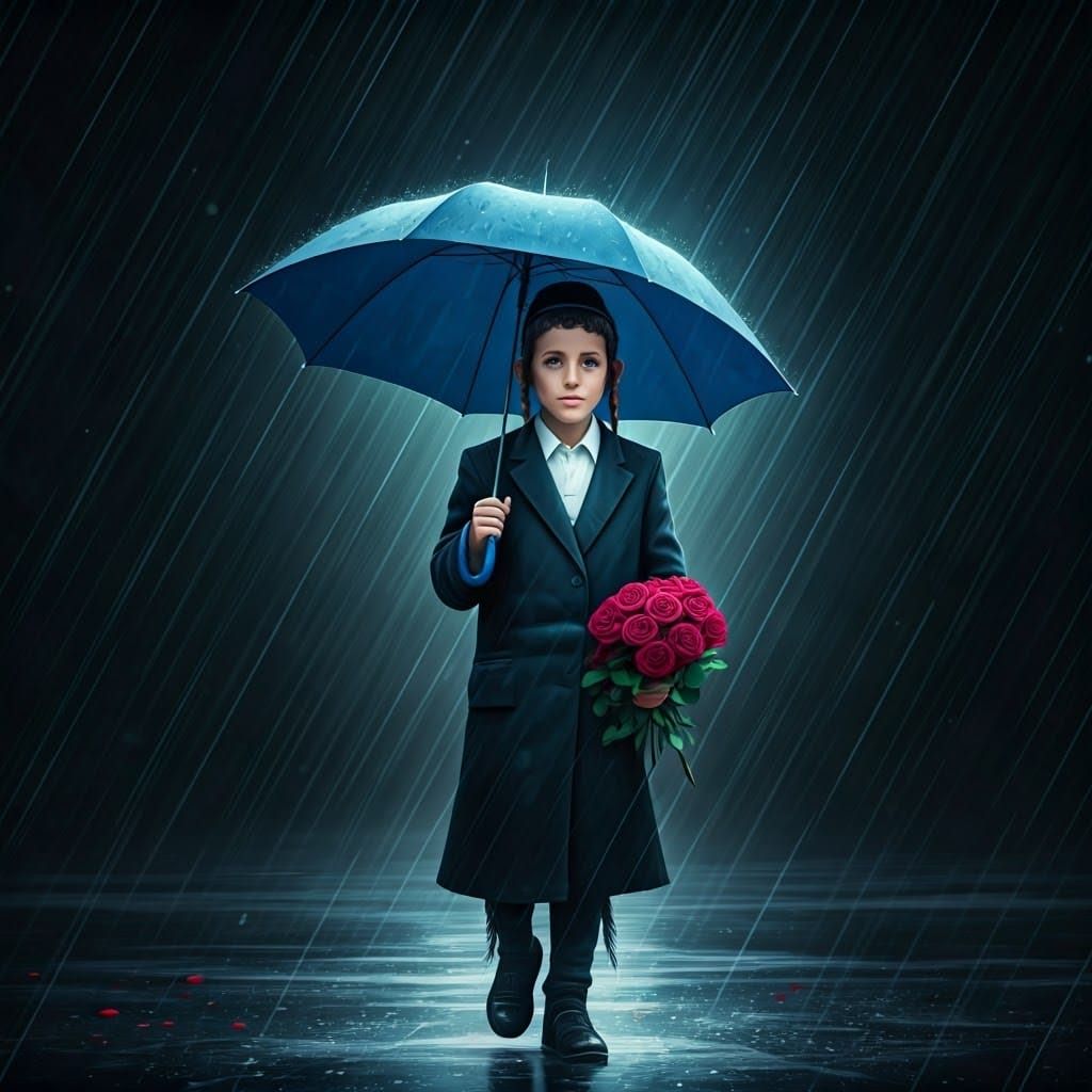 Mystical Origami Figure in Rainy Landscape with Roses