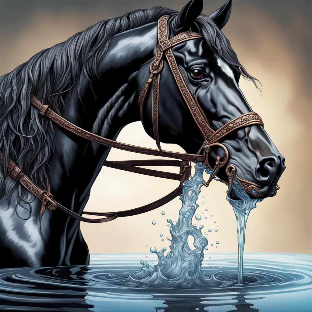 Friesian Horse Drinking Water in Splash Art Style