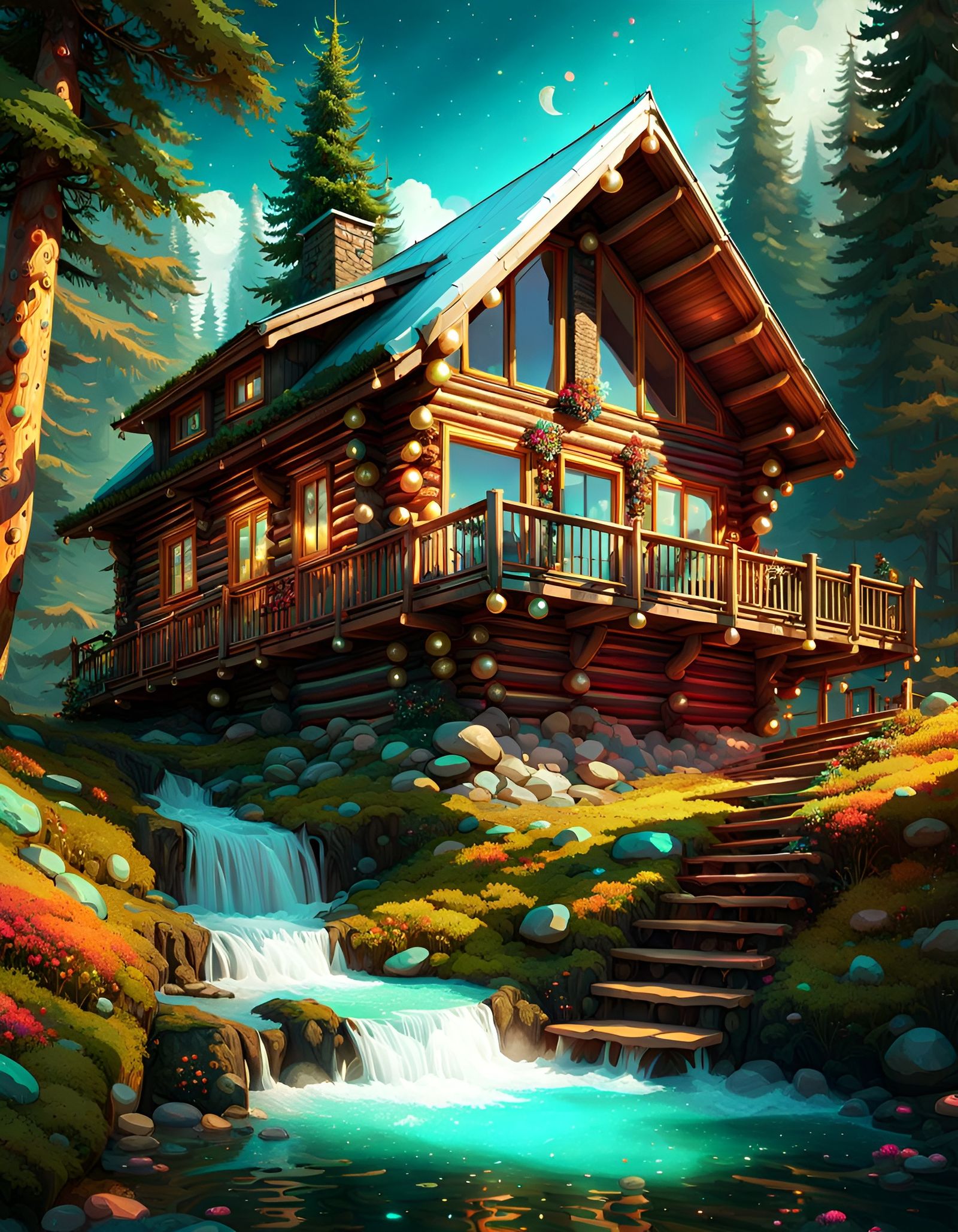 Psychedelic Log Cabin with Flowing Magic Liquid