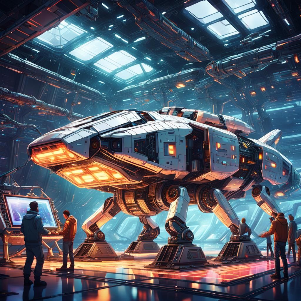 Futuristic Hangar Scene: Robot and Spaceship Repair
