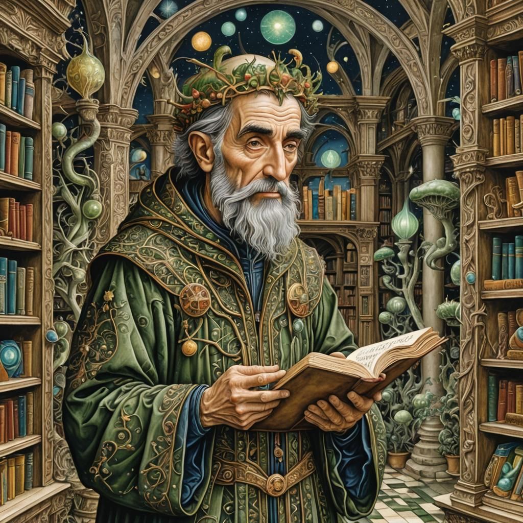 Wiseman in Bioluminescent Library, Renaissance Style