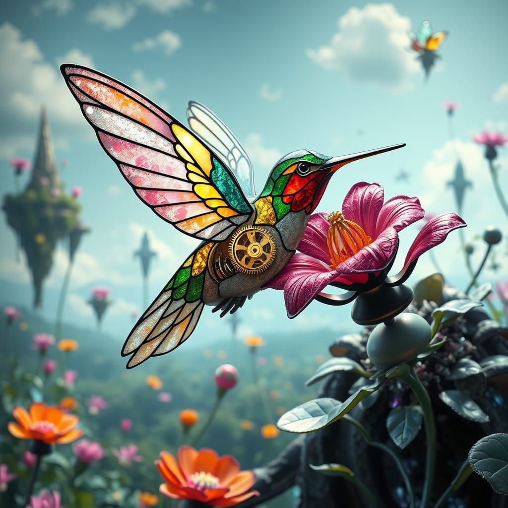 Steampunk Hummingbird with Stained Glass Wings