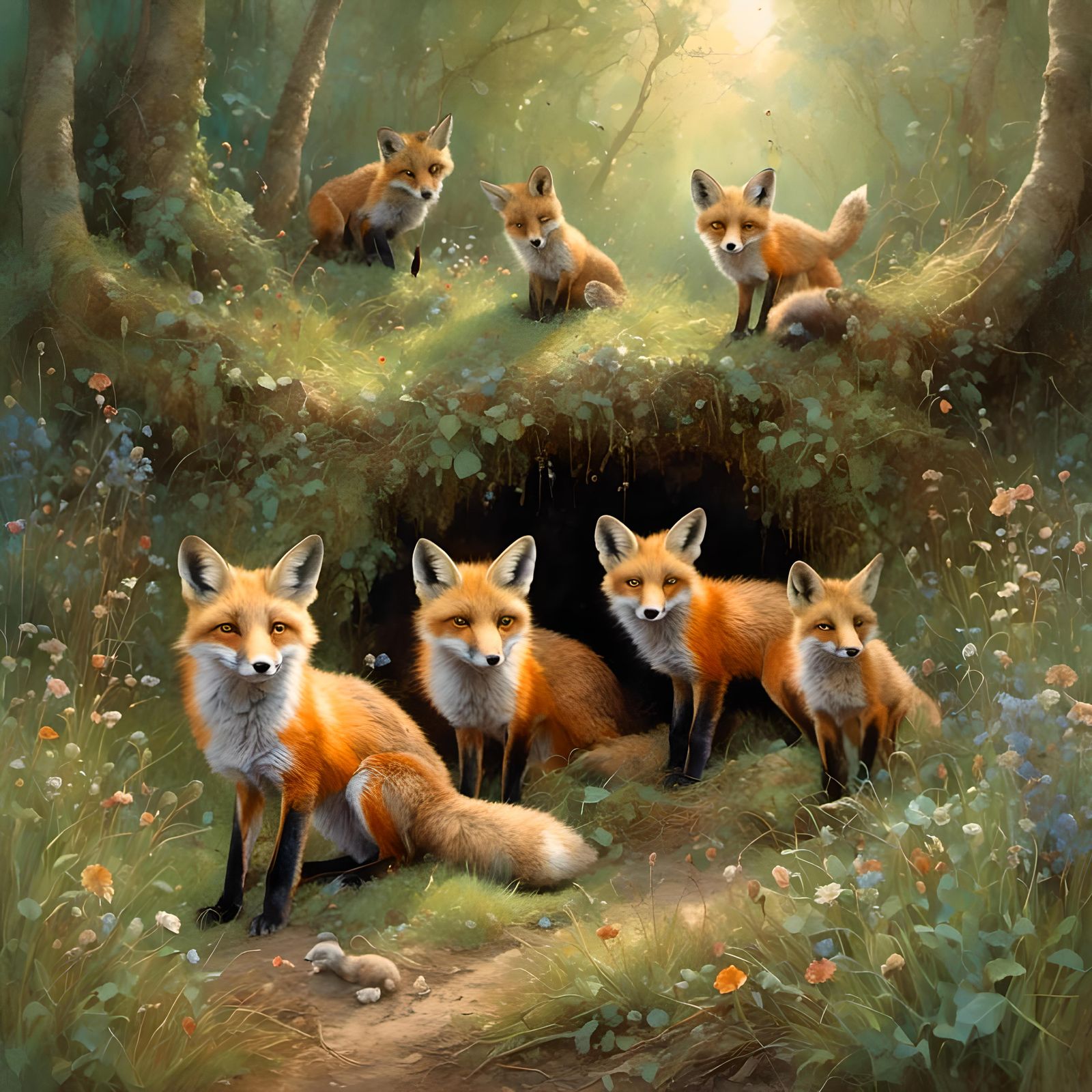 Fox Family at Den Mouth Sunrise