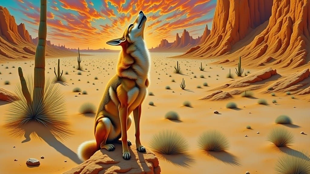 Coyote Howling at Sunset in Iridescent Alcohol Ink Style