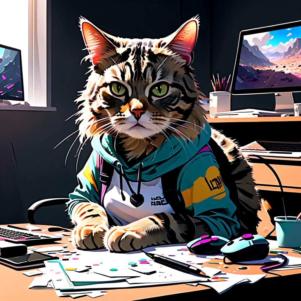 Gamer Girl with Tabby Cat on Messy Desk