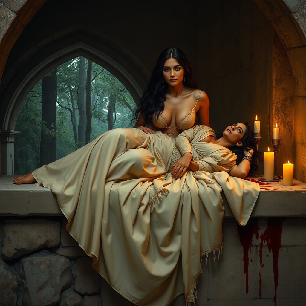 Indian Female figure, mid-20s to 30s, light-medium skin tone, reclining on a stone ledge within a dark, anciant arched c...