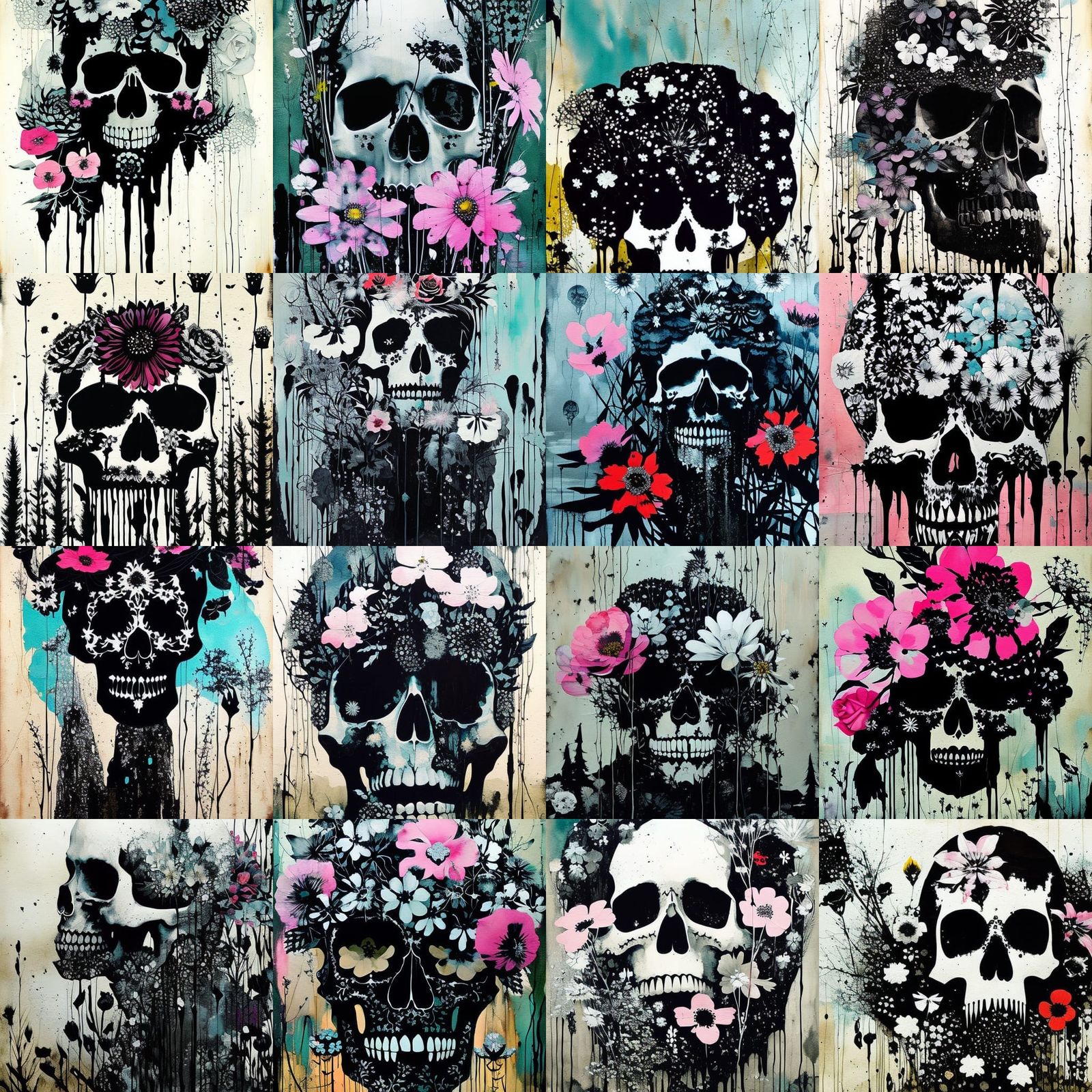 Sinister Black Ghost Skull with Flowers: Matte Painting