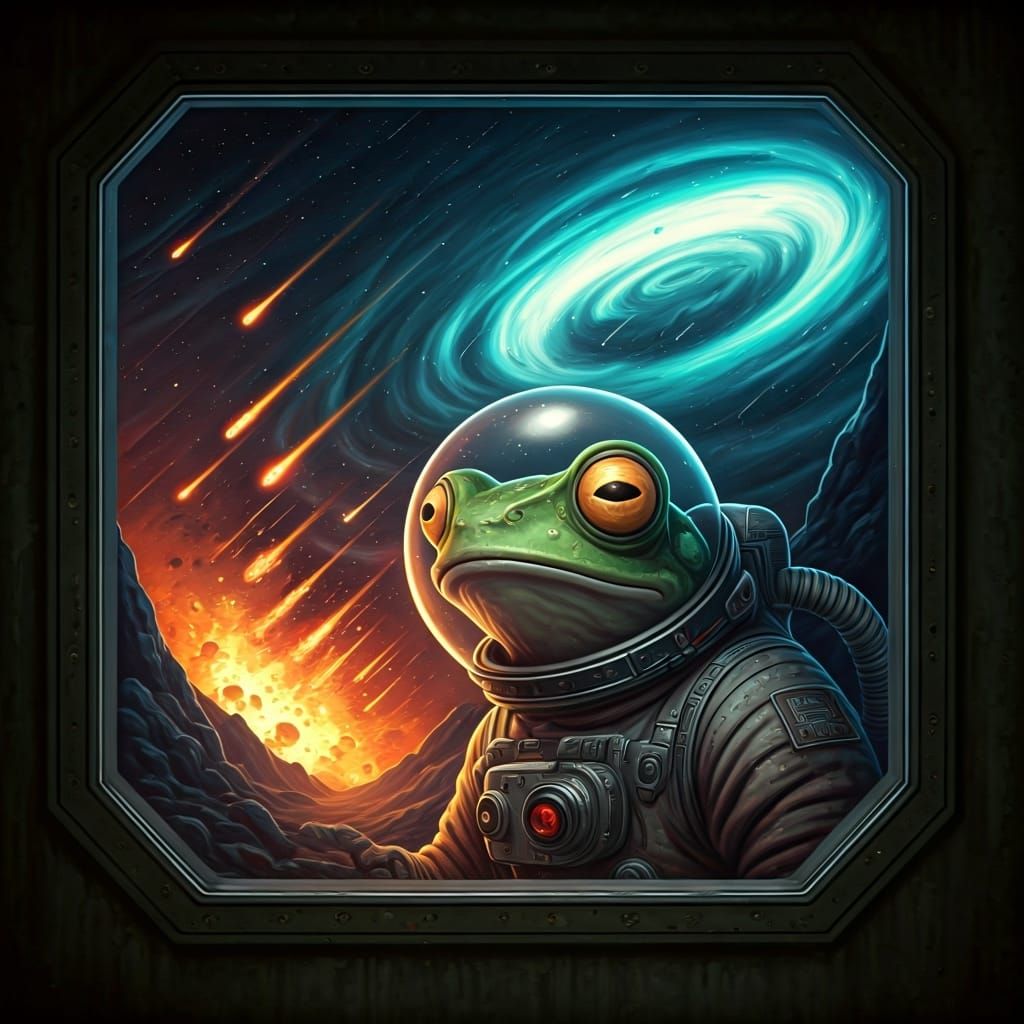 Surprised and shocked  antropromorphic frog with windswept,  wearing a weathered, open spacesuit with frayed, metallic s...