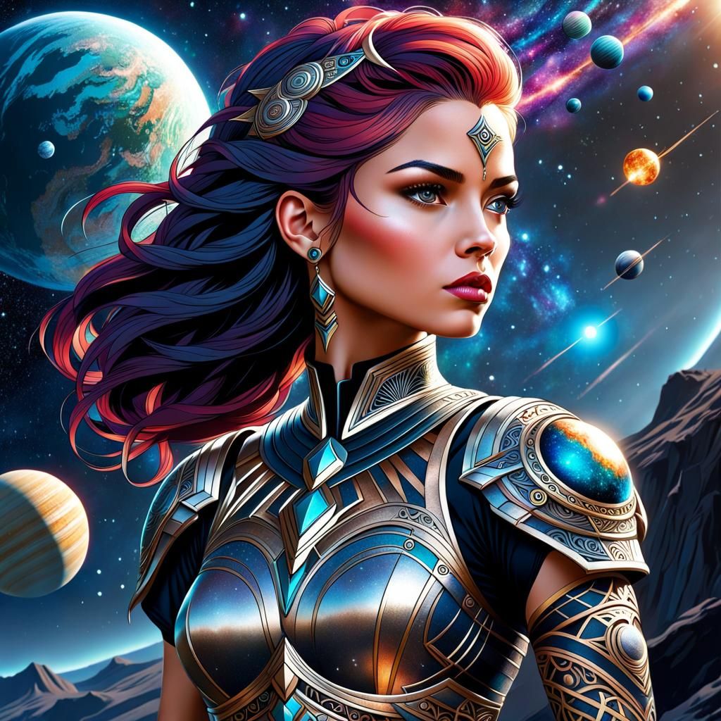 Cosmic Warrior Woman with Tattoos: Digital Illustration