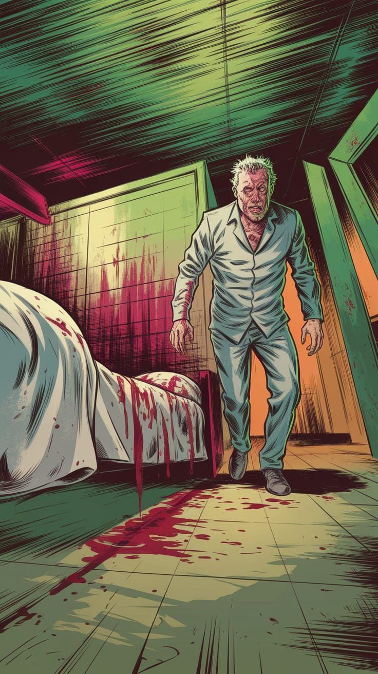 Gothic Comic Nightmare: Figure Leaving Blood-Stained Bed