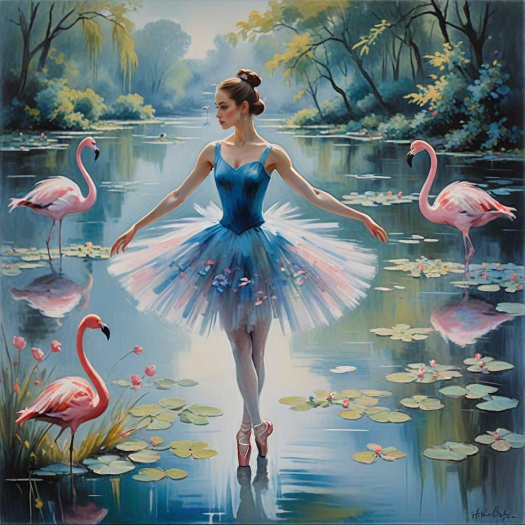 Ballerina in Ethereal Flamingo Landscape