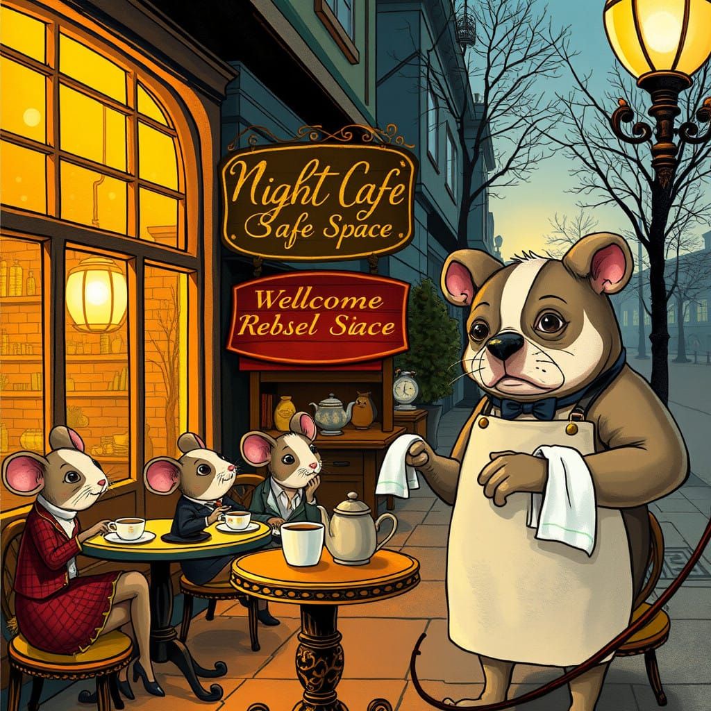 Whimsical Cafe Scene with Mice, Cats, and Bulldogs