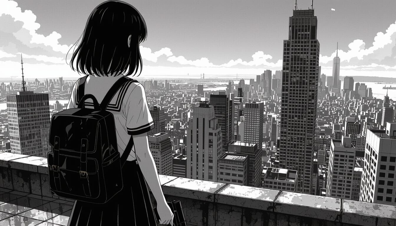 Anime Girl on Skyscraper Roof with Gun