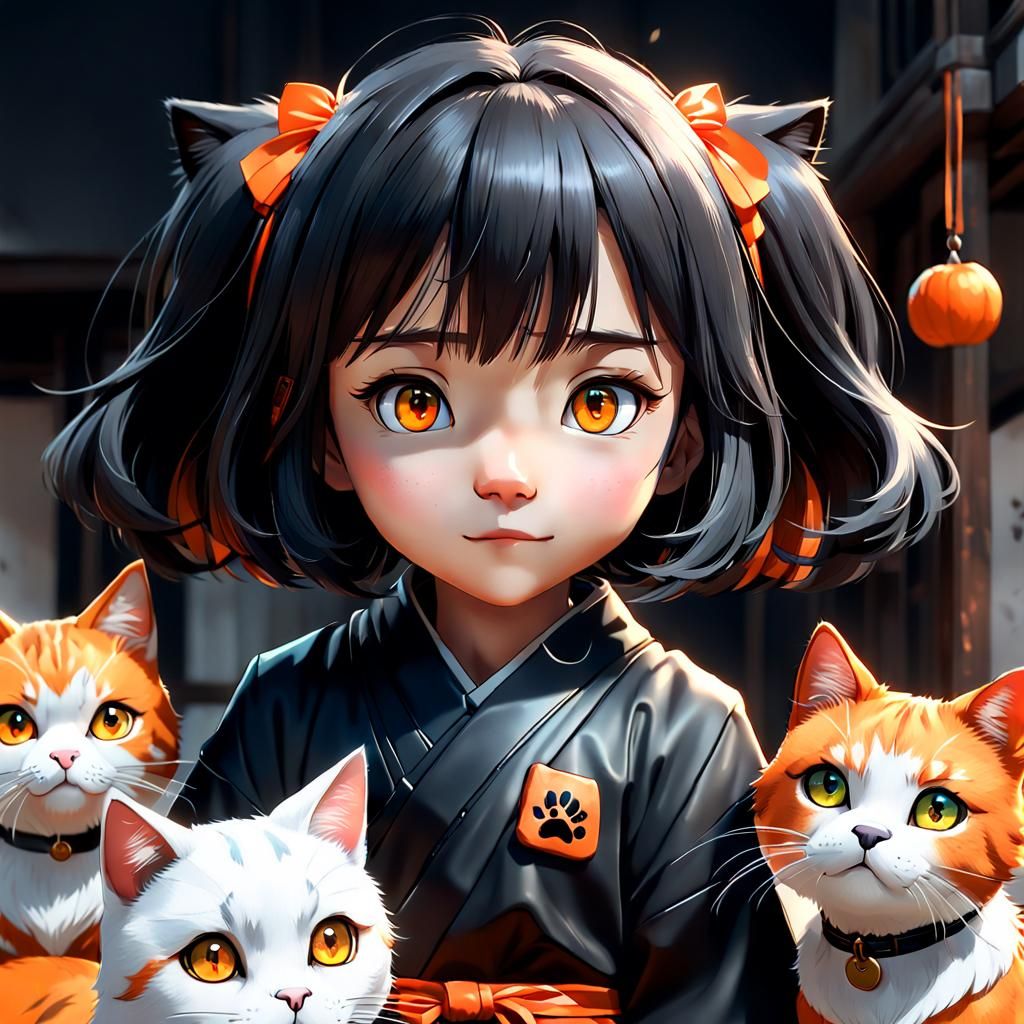 Sumi-e Girl with Cat and Dogs in Anime Style