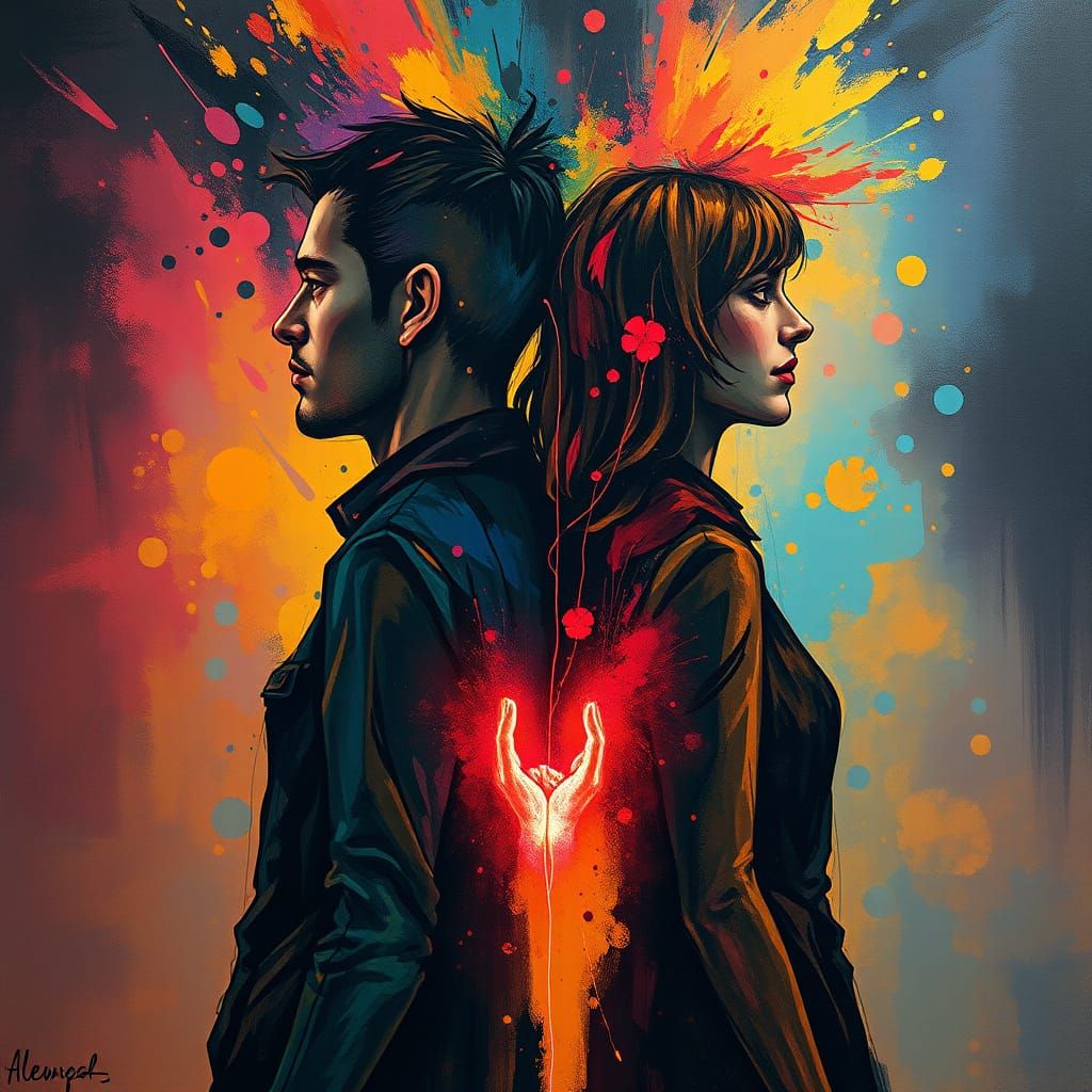 Expressionist Portrait of Figures in Colorful Storm