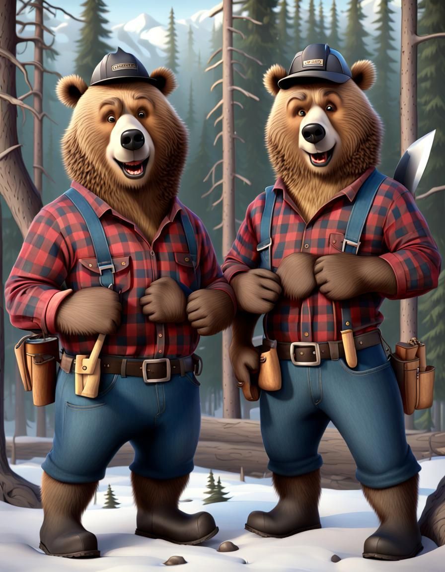 Cartoon Grizzly Bears as Lumberjacks in CGI