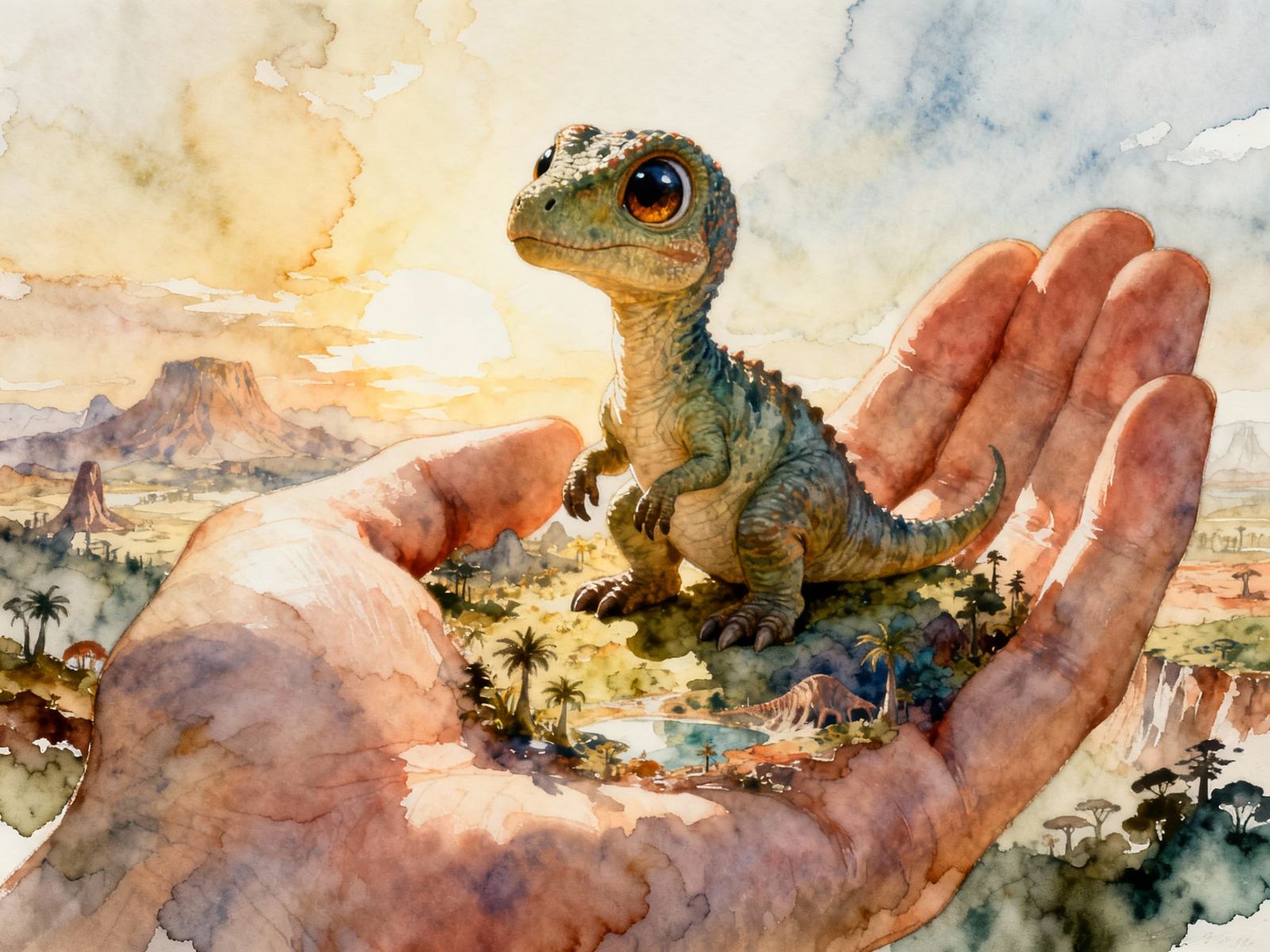 Hyperrealistic Baby Dinosaur in Hand with Prehistoric Landsc...