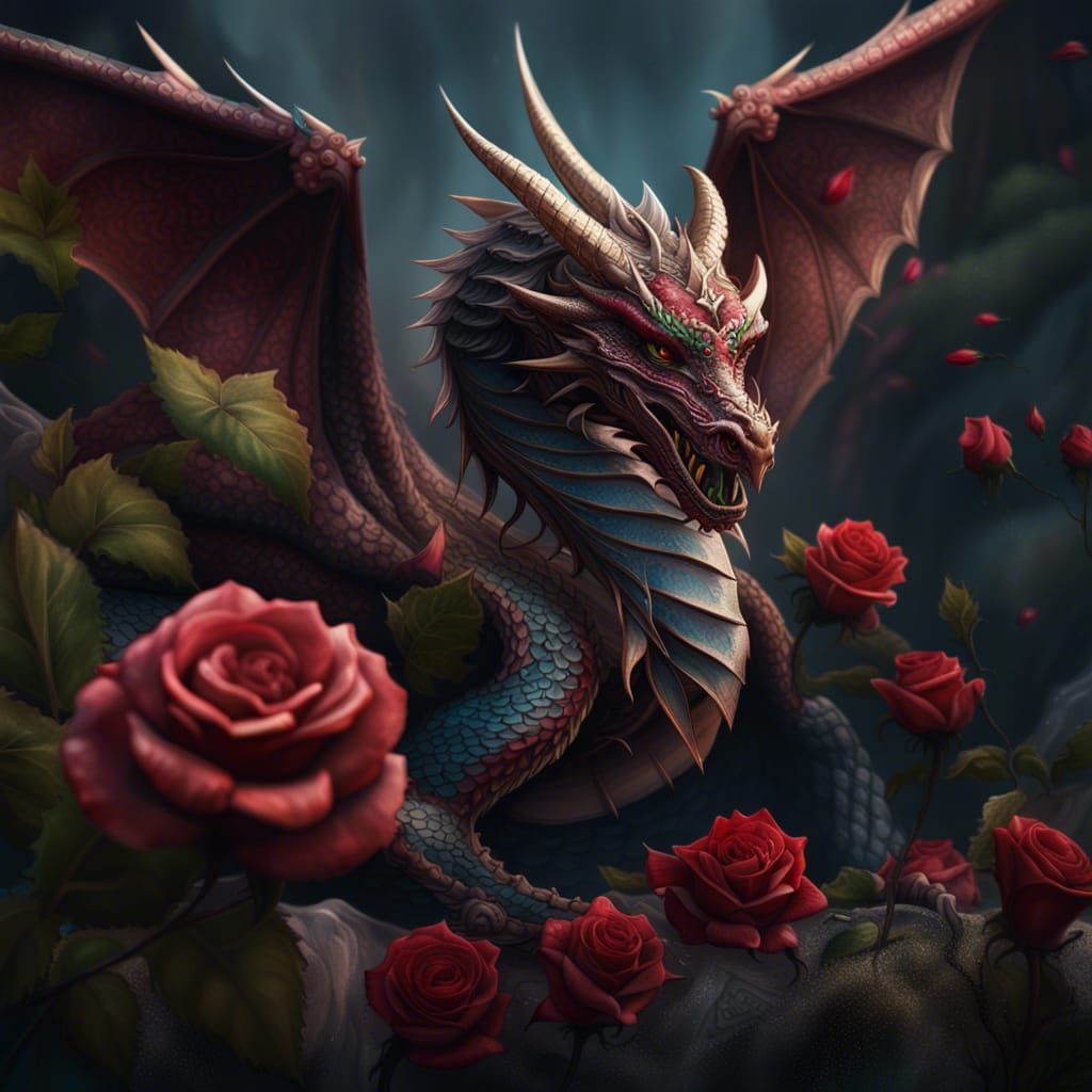 Dragon with Rose Tattoo Wings: Fantasy Concept Art
