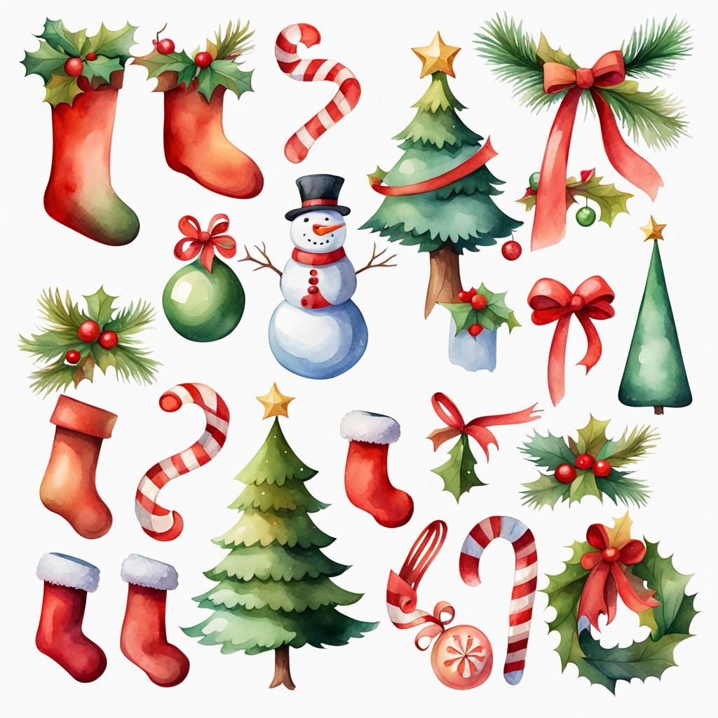 Watercolor Christmas Clip Art Elements Set
