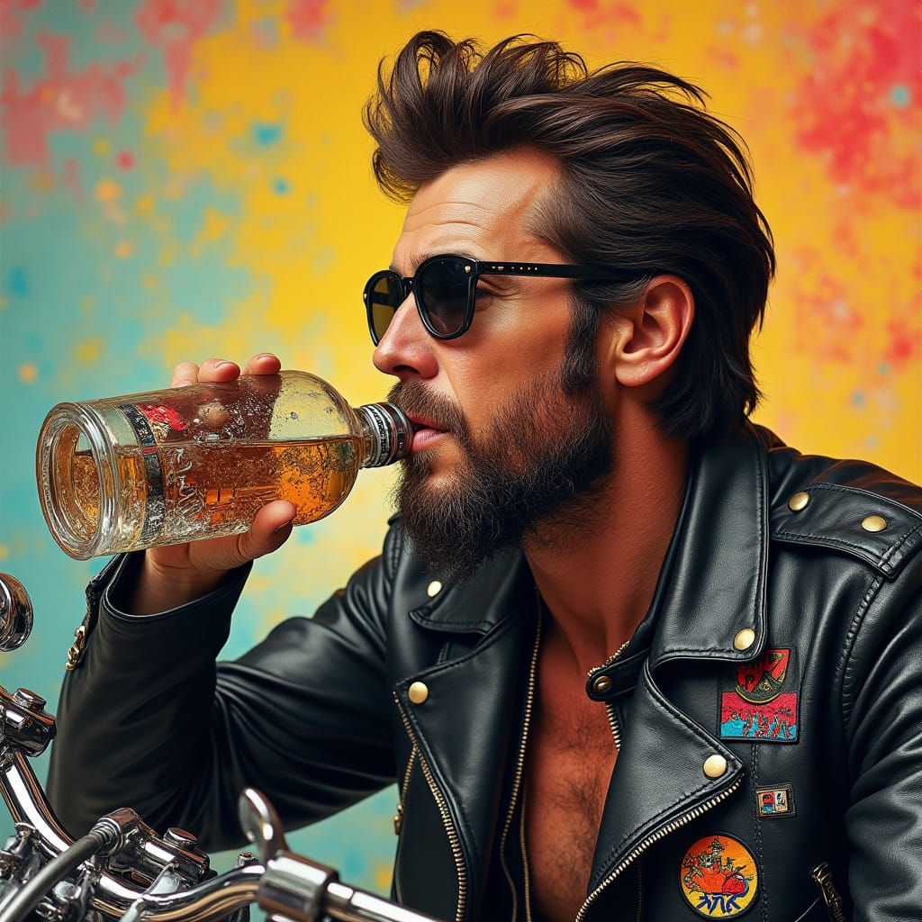 Rebellious Biker in Retro Chrome and Psychedelic Patches