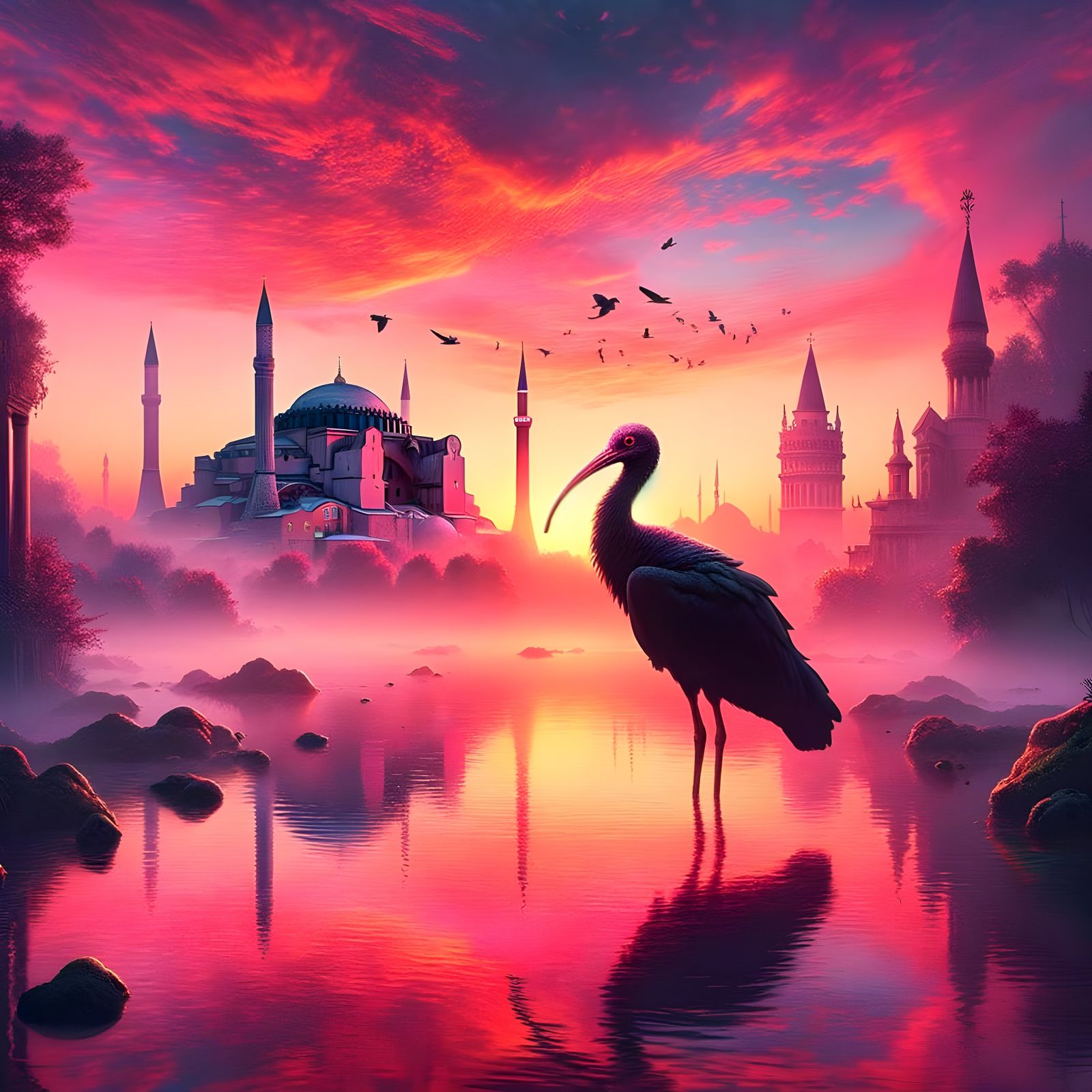 Sunset Ibis Silhouette in Istanbul: A Matte Painting