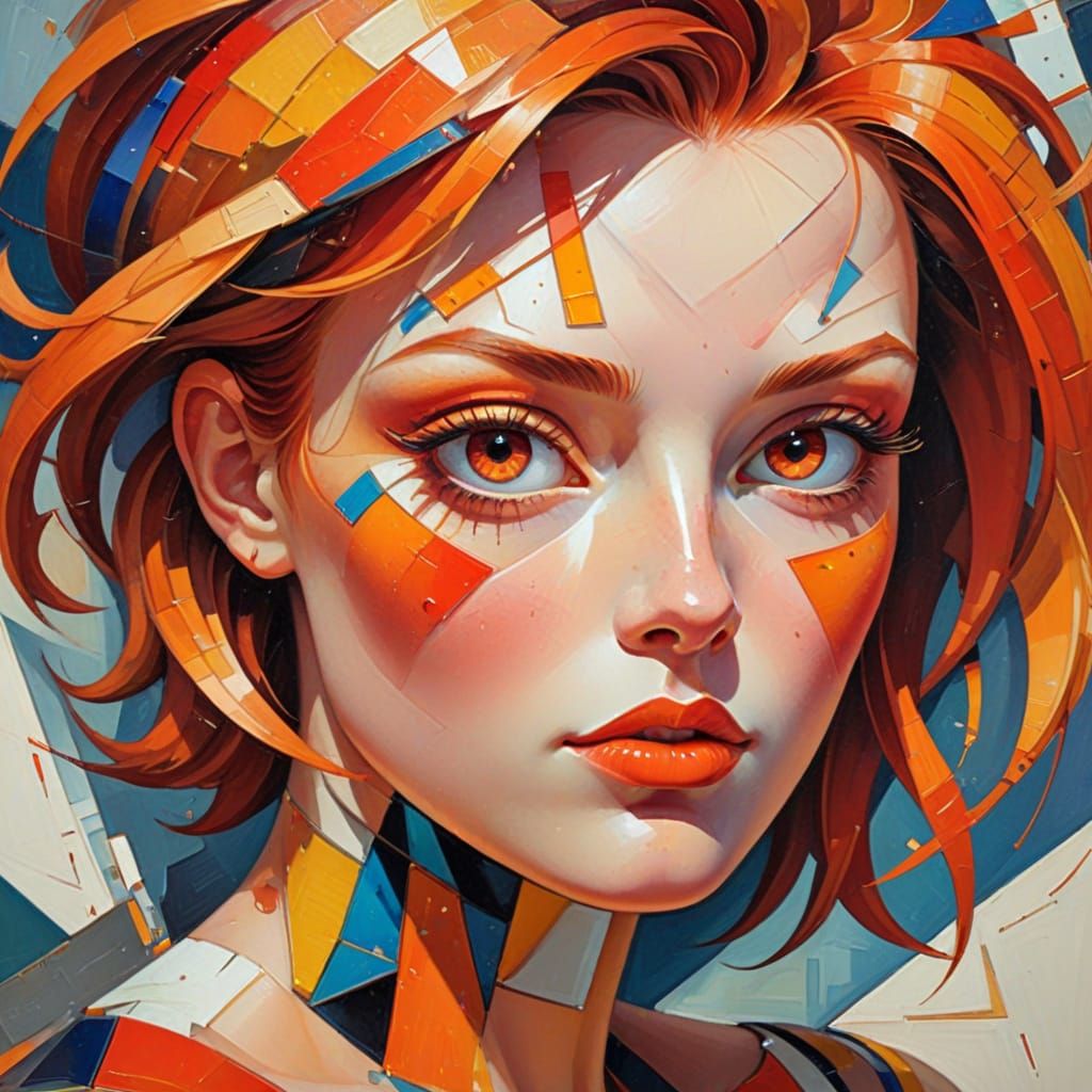 Cubist Robot Portrait with Red Eyes and Orange Curls
