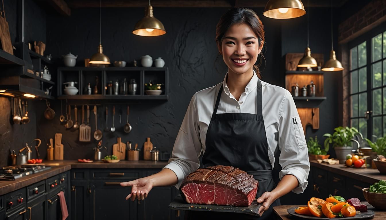 Eurasian Woman Holds Wagyu Steak in Matte Painting